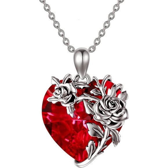 Elegant Red Crystal Rose Heart Necklace in Sterling Silver for Women